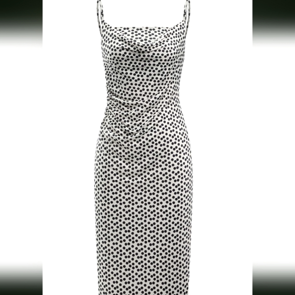 Micas white/black polka dot cowl neck midi dress
